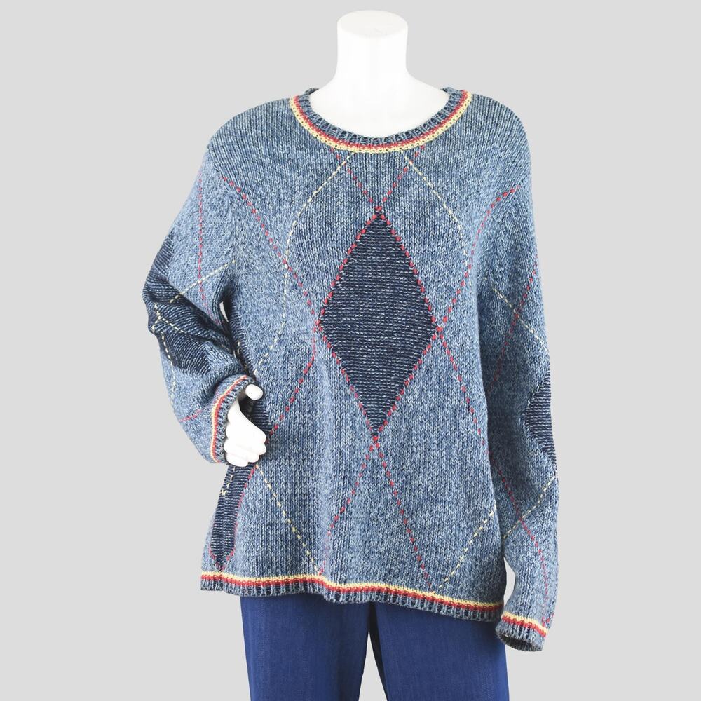 Liz Claiborne Vintage Blue Chunky Knit Argyle Pattern Sweater Women's XL